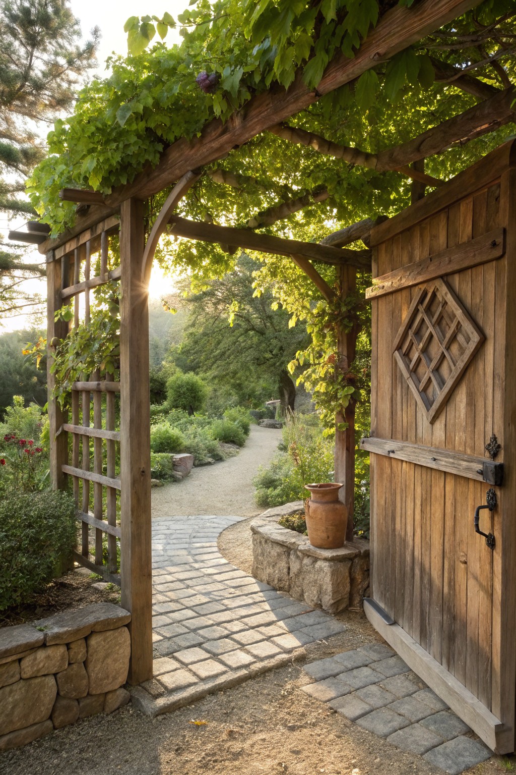 A wooden garden gate with lattice detail stands open beneath a vine-covered arbor along a stone path.