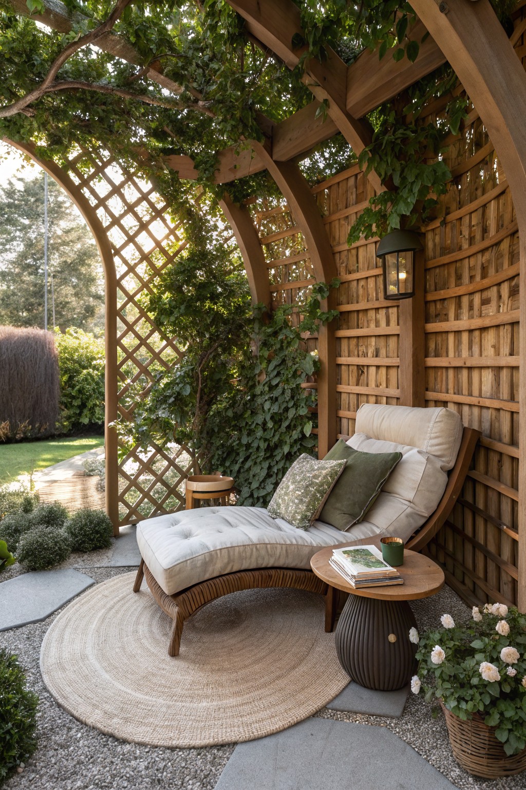 A wooden arched pergola with lattice panels and climbing vines encloses a cushioned lounge chair on a round rug next to a side table in a gravel backyard setting.
