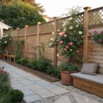 A backyard garden path of irregular stone pavers runs alongside a tall wooden fence with lattice panels and climbing white flowers, with wooden benches and terracotta pots placed against the fence.