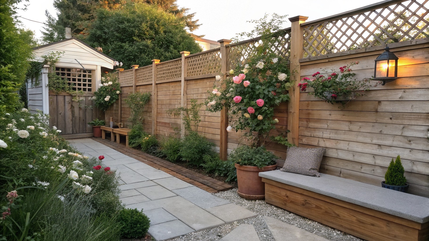 A backyard garden path of irregular stone pavers runs alongside a tall wooden fence with lattice panels and climbing white flowers, with wooden benches and terracotta pots placed against the fence.