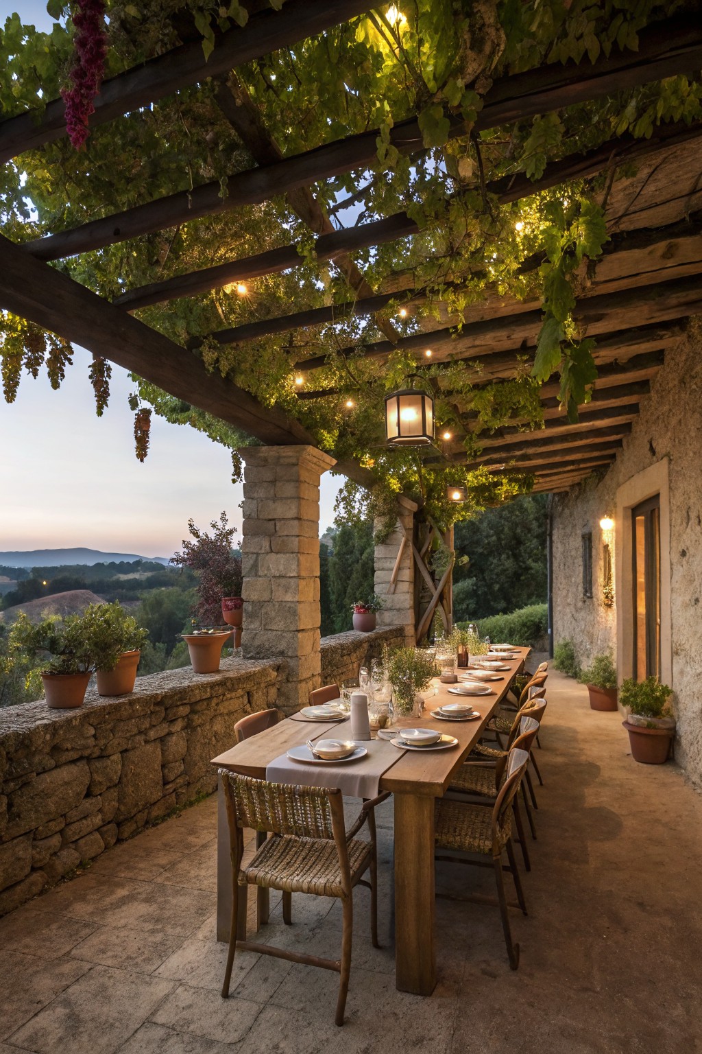 A long wooden dining table under a vine-covered timber pergola with string lights on a stone terrace overlooking hills at dusk.
