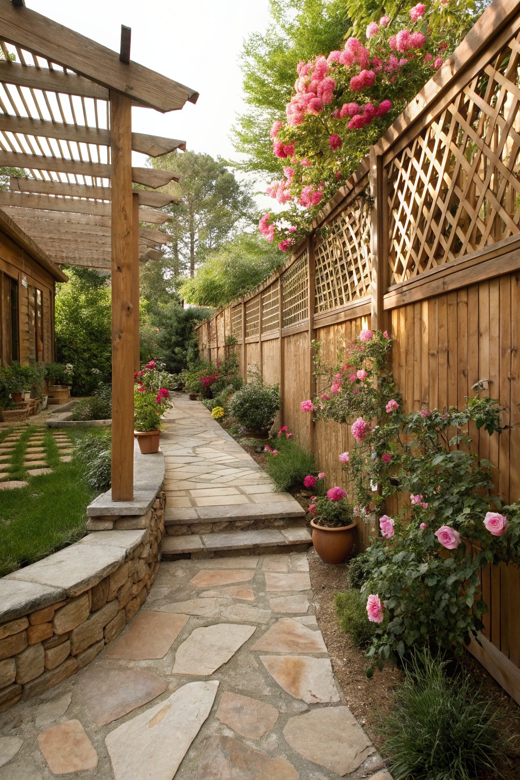 Stone path through garden with pink roses on wooden fence and pergola.