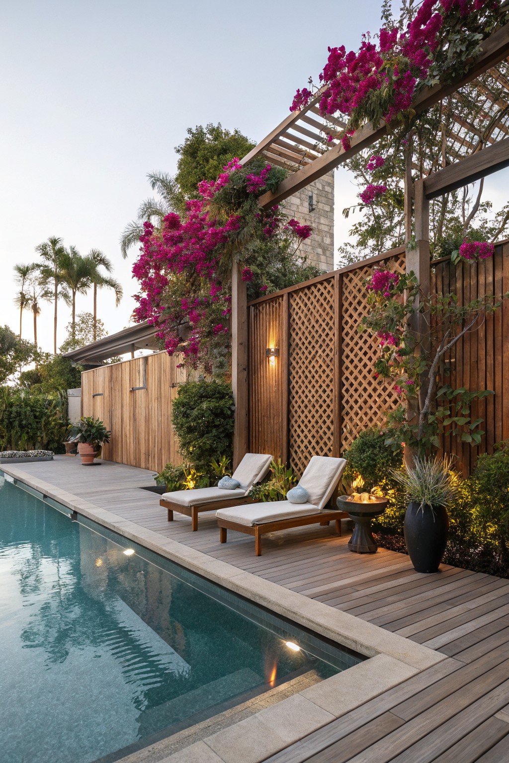 A backyard pool deck with two lounge chairs on wood planks, a fire pit, and tall wooden fencing with lattice panels covered in blooming magenta vines.