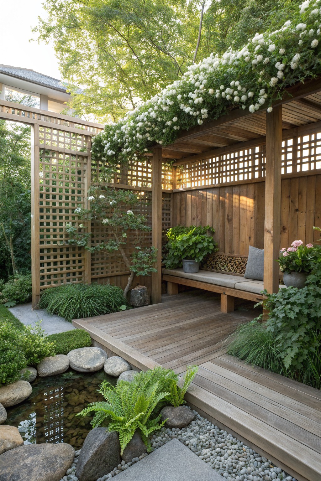 A wooden deck with a built-in bench under a pergola covered in white flowering vines, next to a small pond with rocks and ferns.