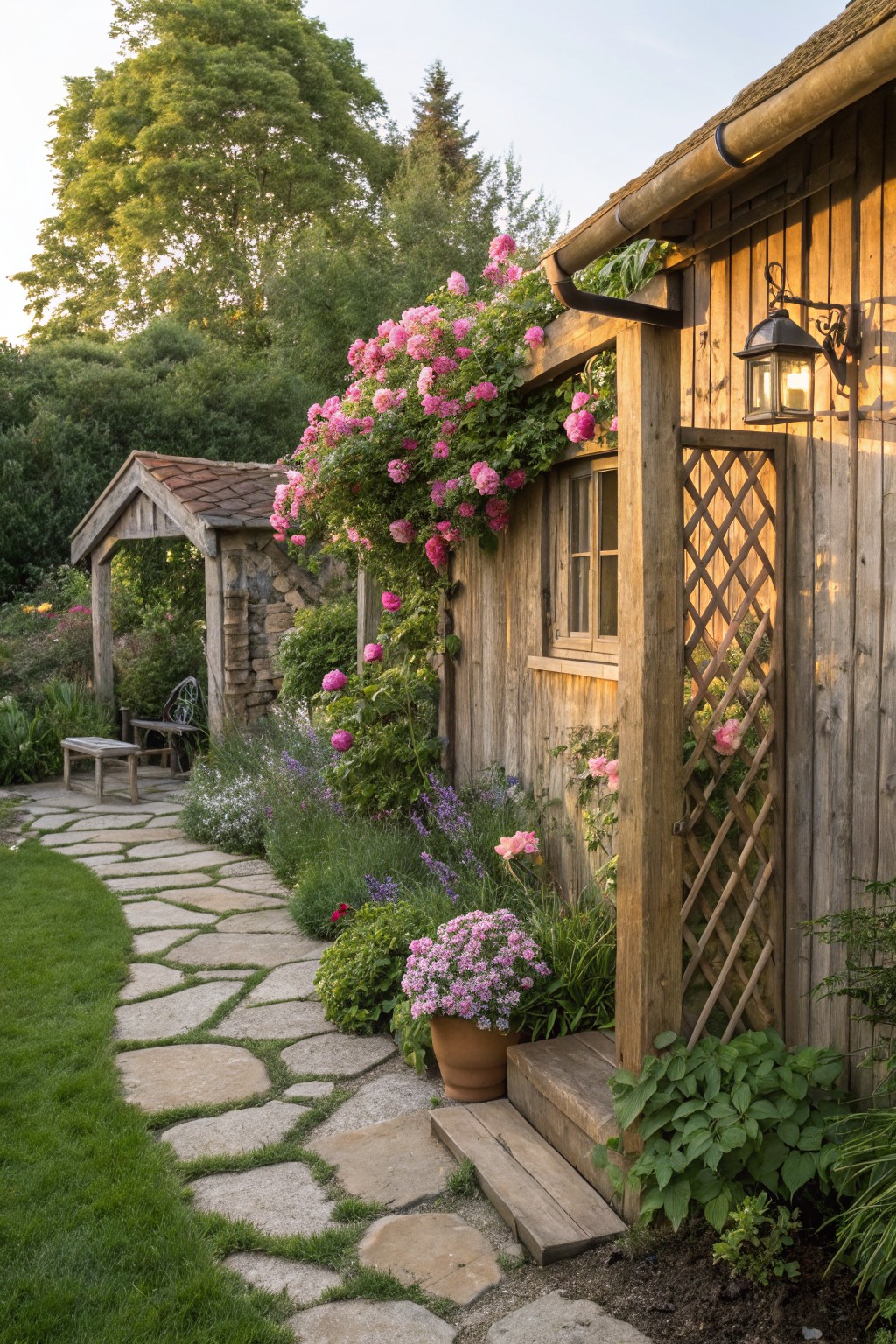 Wooden house exterior with lattice screen on the wall covered in pink climbing roses, wooden steps, potted flowers, and a stone pathway leading through garden beds.