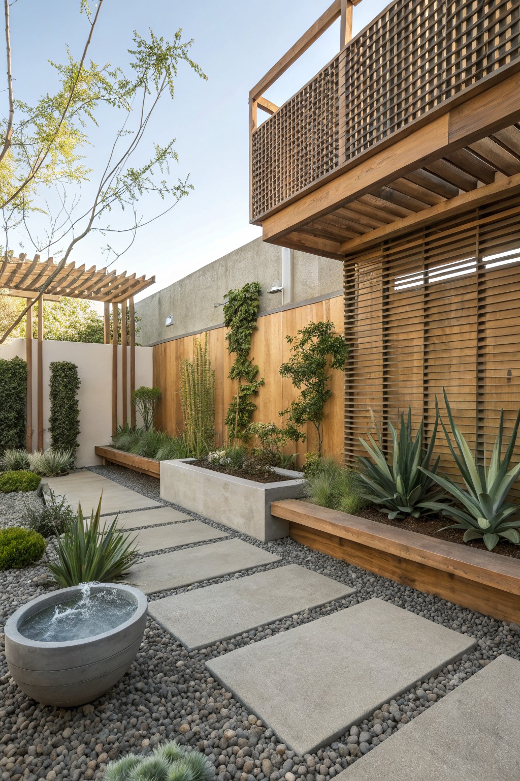 Modern backyard with concrete pavers on gravel, a round water feature, raised planting beds, wooden lattice railing on an upper deck, and climbing vines on a wooden fence.