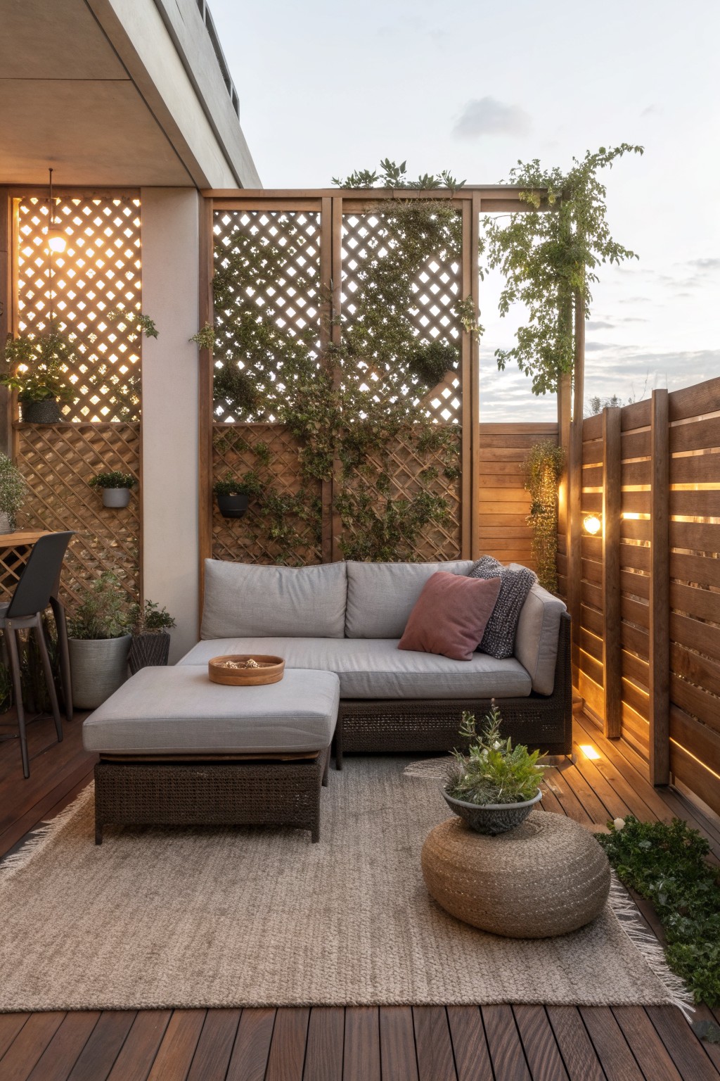 An outdoor deck seating area with a gray sofa and ottoman, enclosed by wooden lattice panels covered in climbing vines and potted plants.