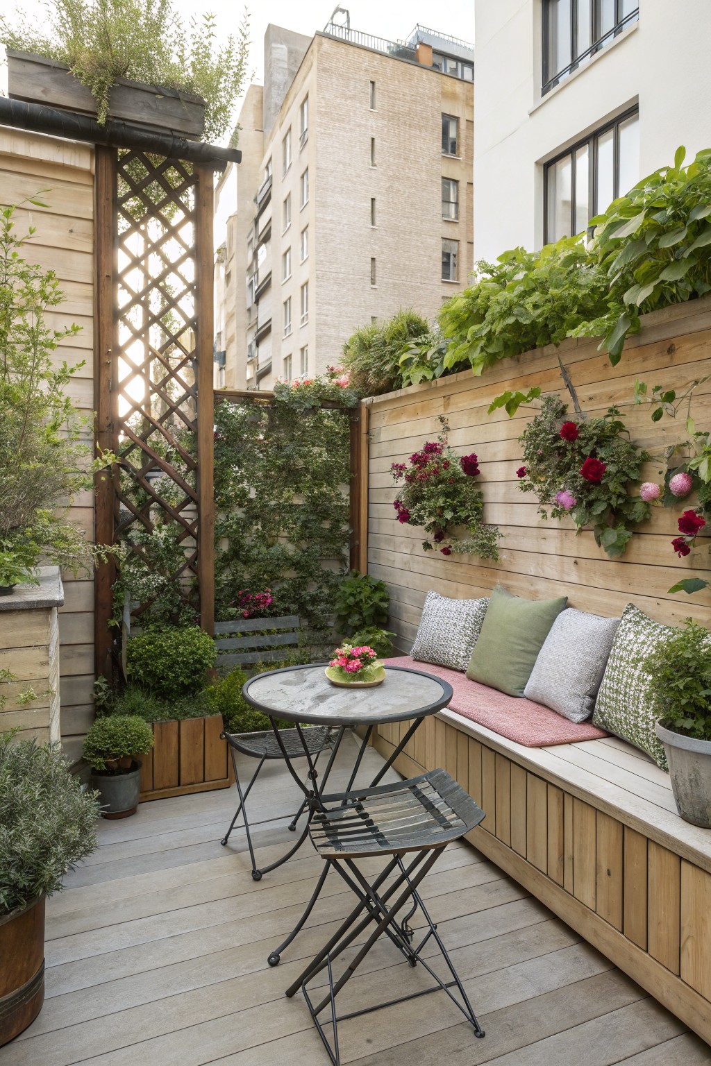A compact urban deck with a round metal table, folding chairs, and a built-in wooden bench with cushions along a wall covered in climbing vines and hanging plants, plus a lattice screen on the left side.