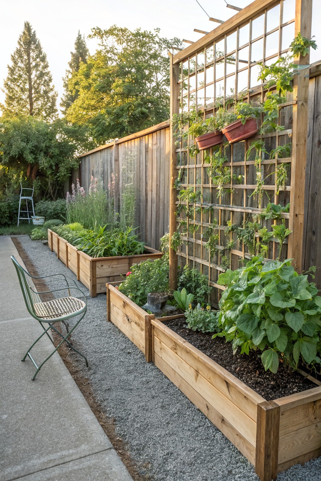 A backyard garden with raised wooden planters, gravel path, green metal chair, and a tall wooden fence with lattice panels covered in climbing vines and hanging pots.
