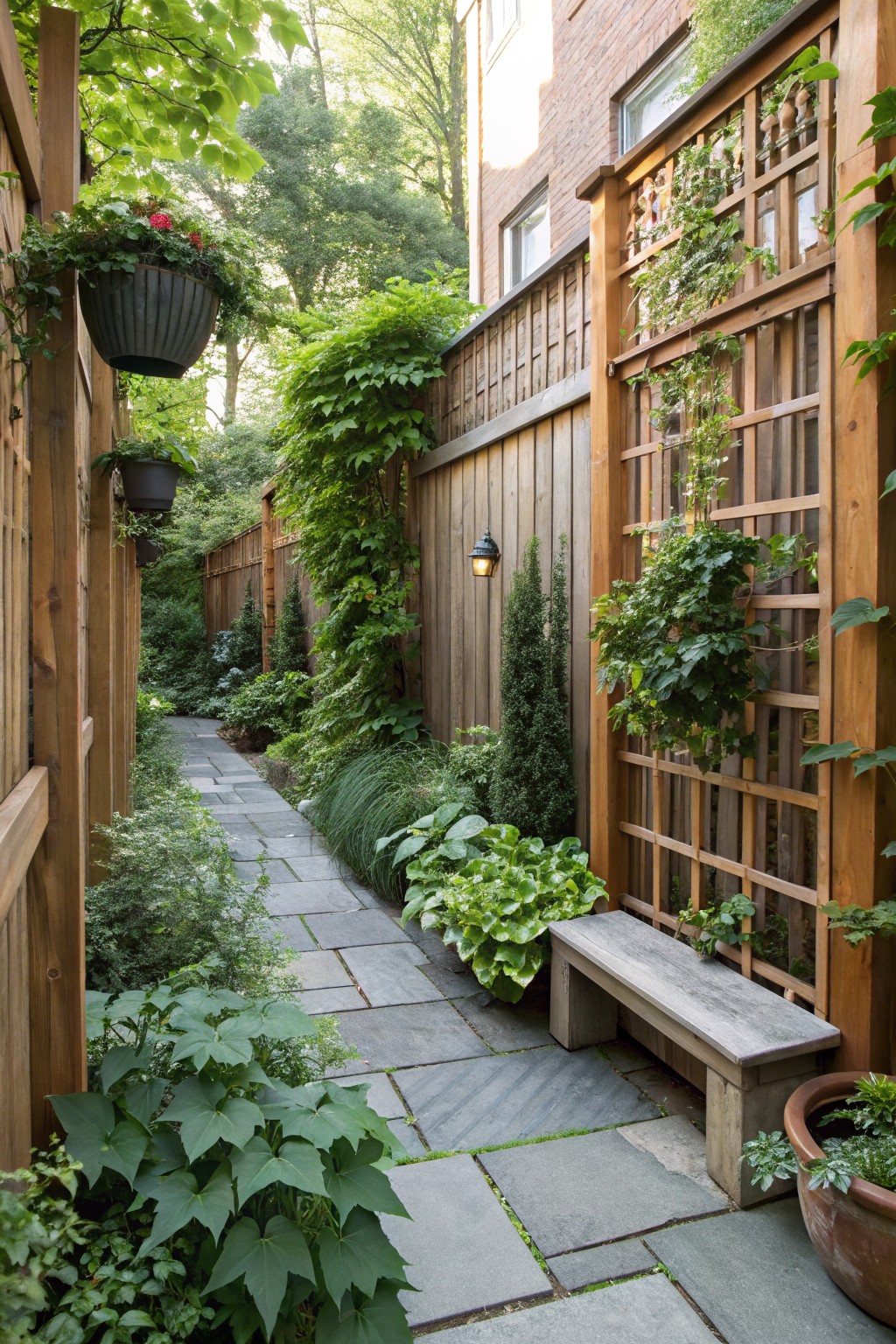 A narrow stone path bordered by wooden fences, one with vertical lattice panels covered in climbing vines and the other with dense greenery, next to a brick building.