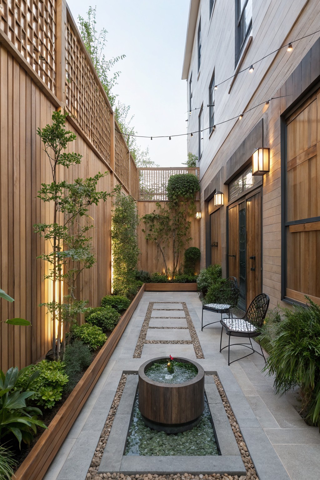 A narrow paved courtyard between wooden fences and house walls, with a round water fountain, two metal chairs, string lights, and climbing vines on lattice panels.