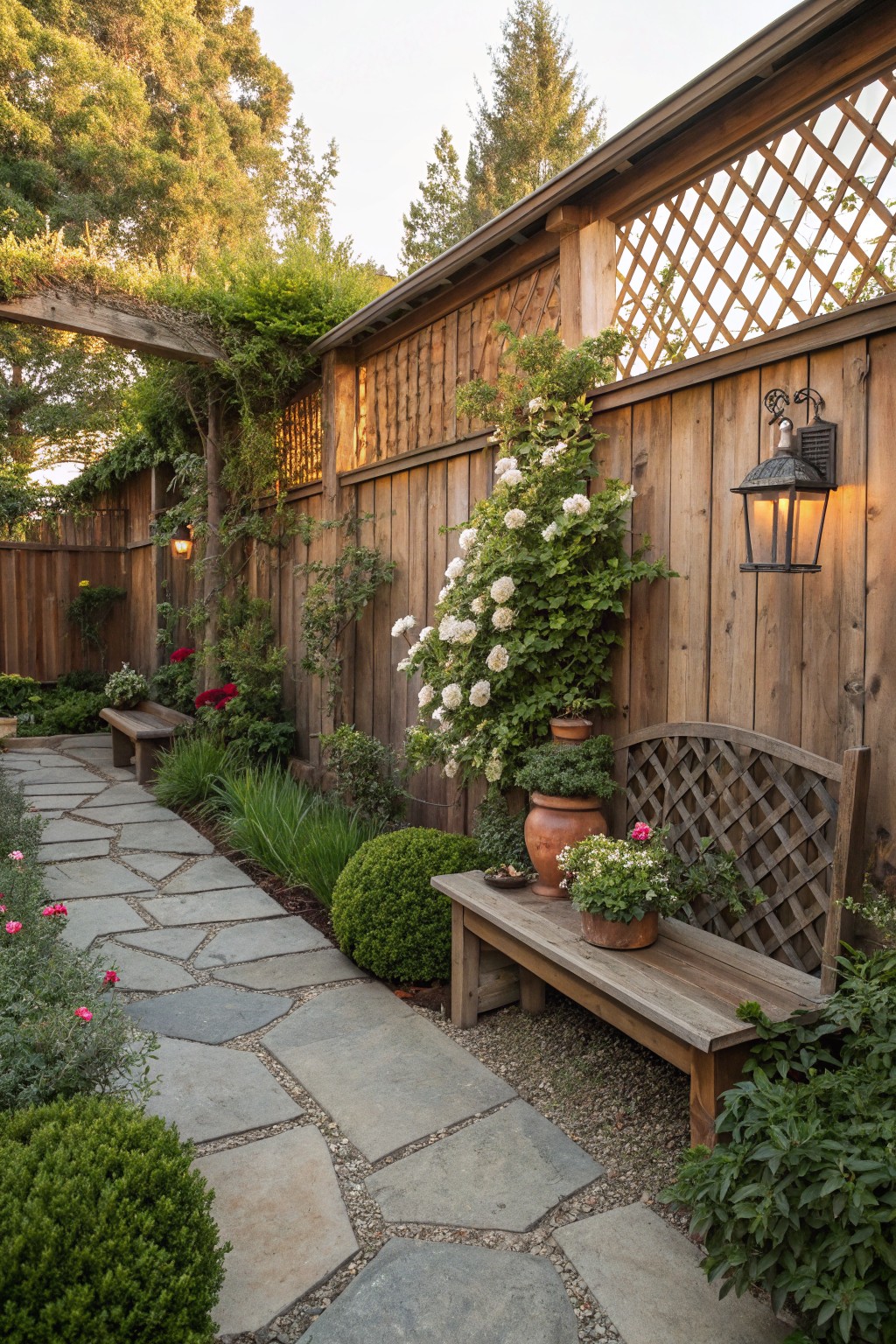 A backyard garden path of irregular stone pavers runs alongside a tall wooden fence with lattice panels and climbing white flowers, with wooden benches and terracotta pots placed against the fence.