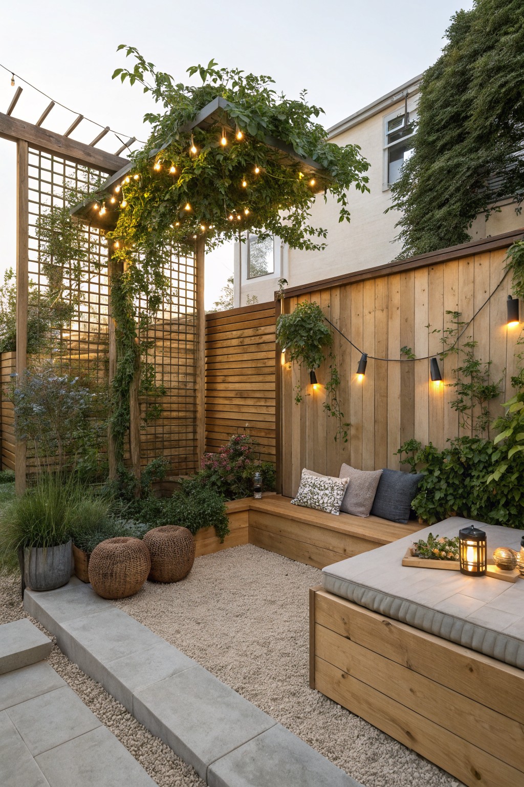 A backyard patio with wooden fencing, lattice panels covered in climbing vines, built-in bench seating, gravel ground cover, and string lights strung overhead.
