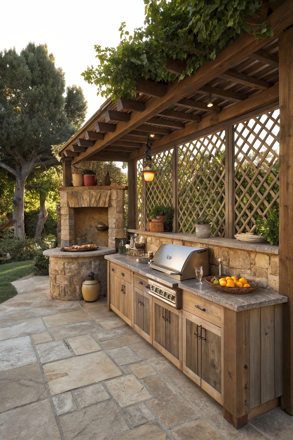 An outdoor kitchen under a wooden pergola features lattice screens and climbing vines along the sides, with a stone barbecue, wooden cabinets, and a paved patio.