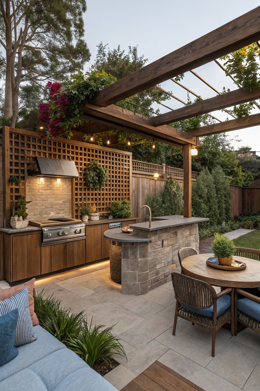 An outdoor kitchen and dining patio under a wooden pergola with lattice screens and climbing vines.