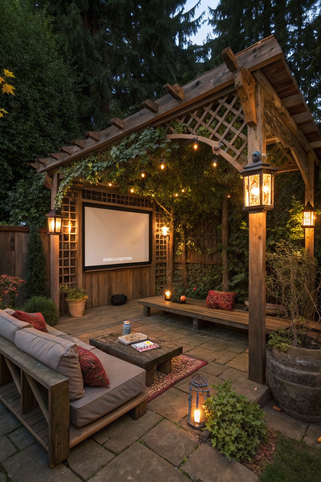 Wooden pergola with string lights, projector screen, sofa, and bench in lush garden at dusk.