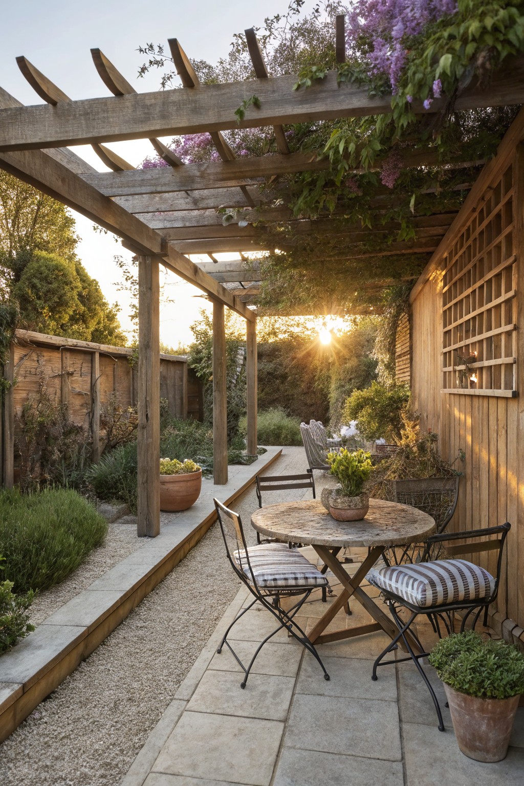 A wooden pergola with lattice panels and climbing vines covers a stone patio furnished with a round table and metal chairs.