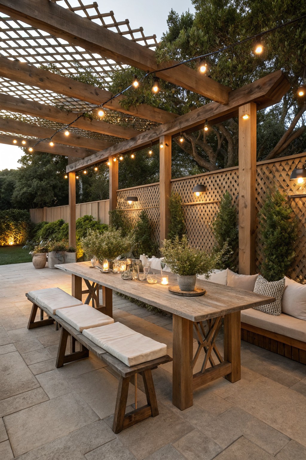 A wooden pergola with string lights covers a long dining table and benches on a stone patio, with lattice fencing visible in the background.