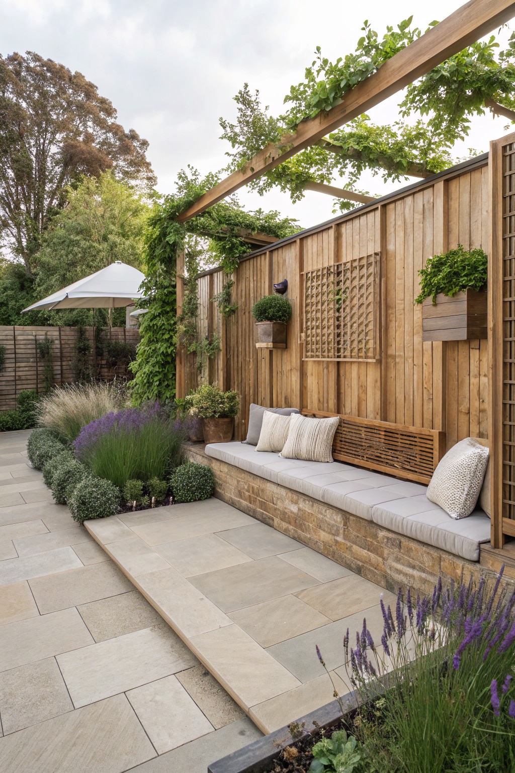 Stone patio with built-in cushioned bench under wooden pergola amid lush plants