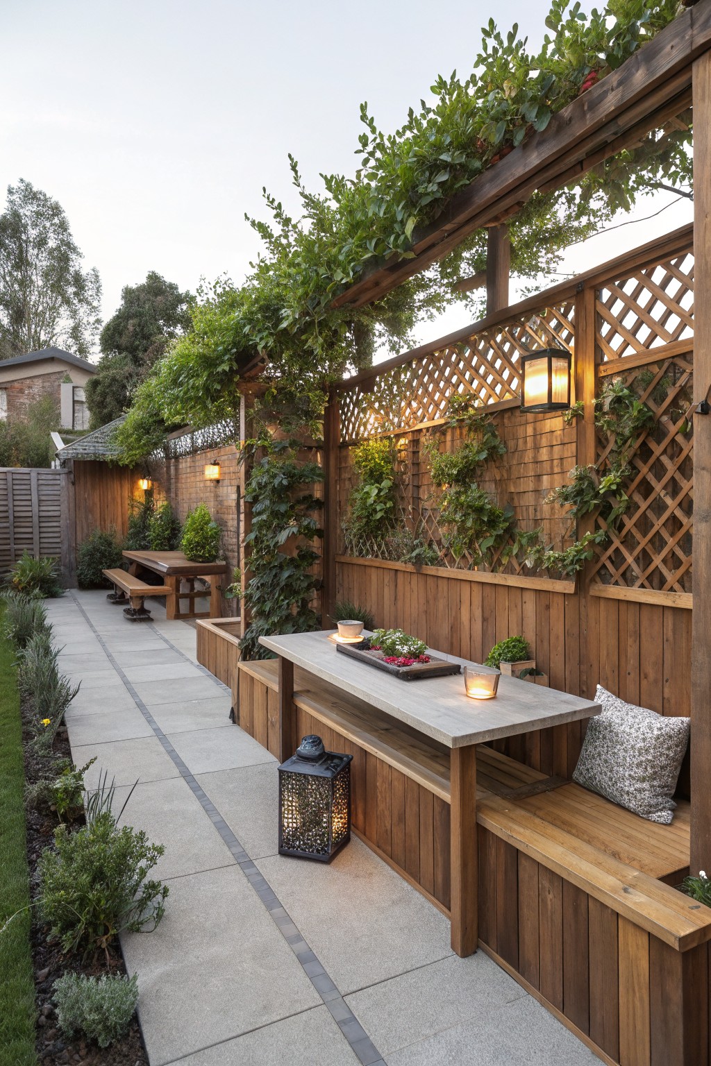 A backyard patio features a wooden pergola and lattice privacy screen covered in climbing vines, with a built-in bench, table, and several lanterns.