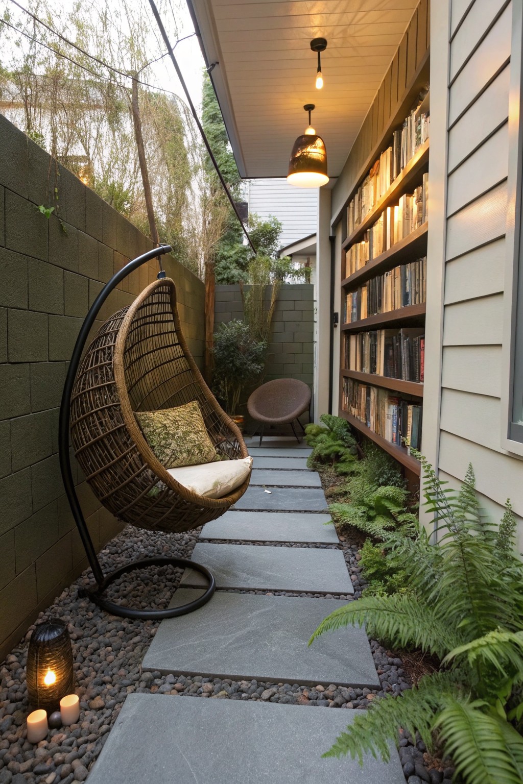 Narrow patio with hanging wicker chair, bookshelves, stone path, and ferns.