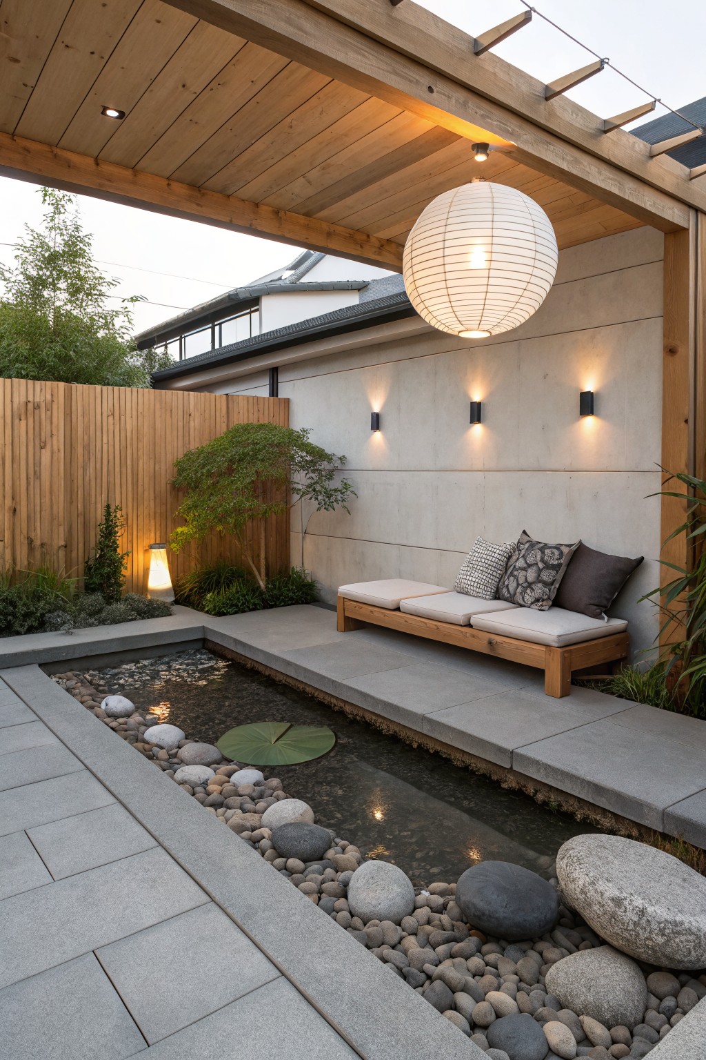 A covered outdoor patio features a large white paper lantern hanging from a wooden beam above a bench with cushions, next to a narrow pond lined with stones and a concrete wall with wall sconces.