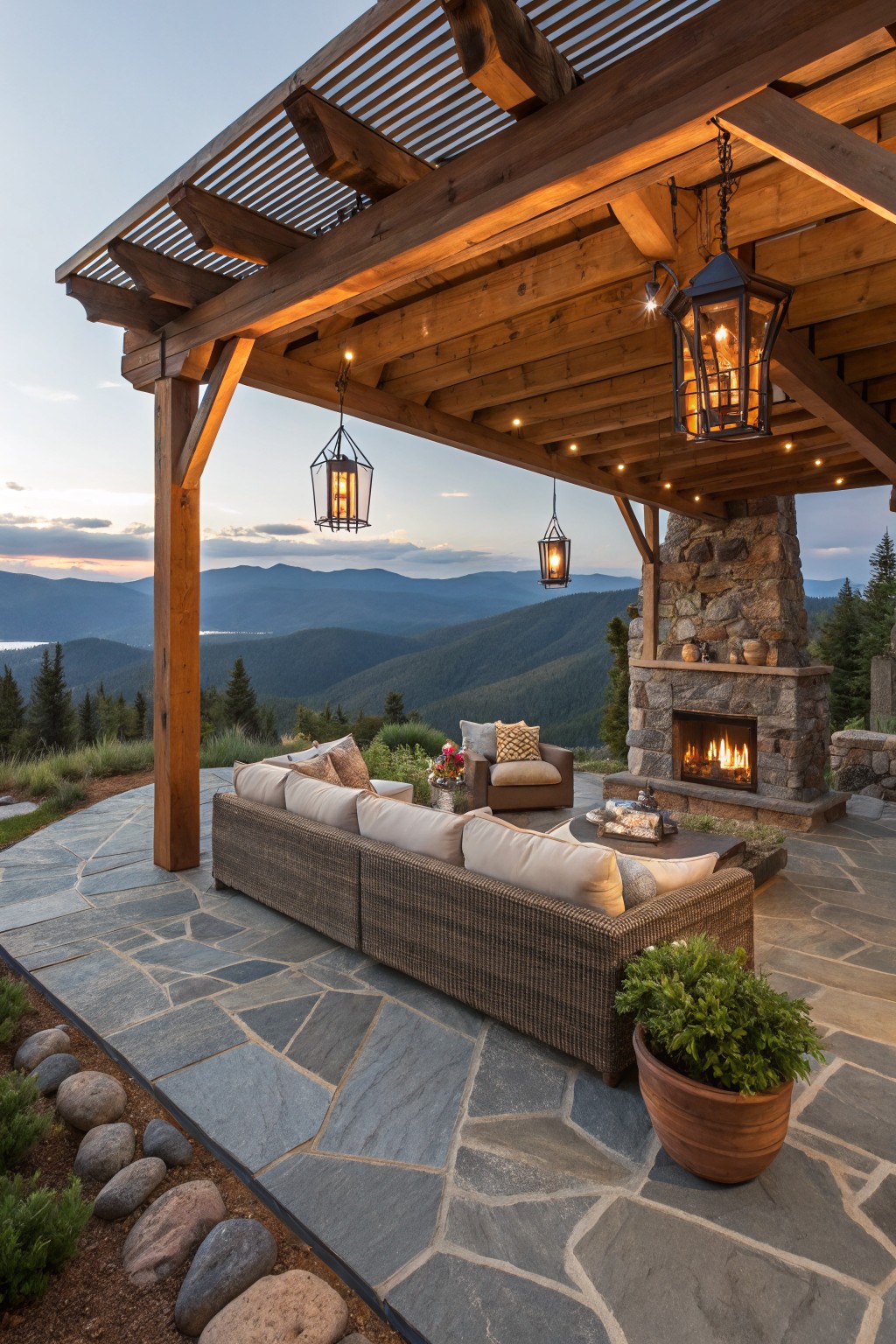 A covered wooden pergola patio at dusk with hanging lanterns, a wicker sectional sofa, stone fireplace, and mountain view.