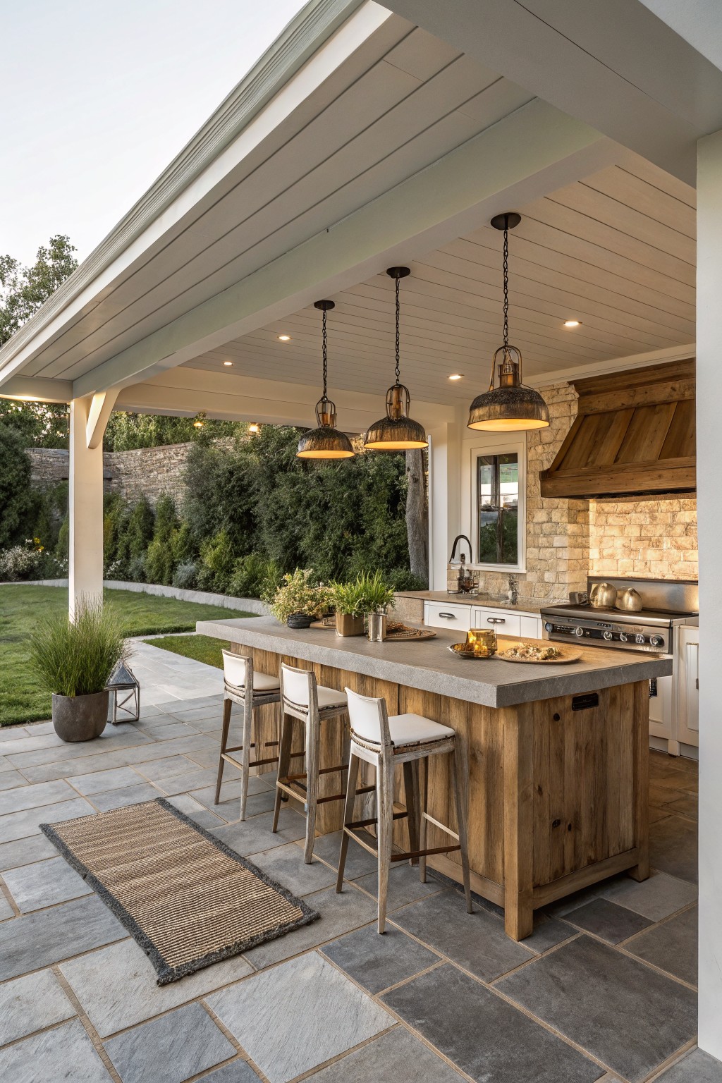 An outdoor kitchen island with a wooden base and concrete countertop, three dark metal pendant lights hanging above it, four bar stools, and a stove with a wooden range hood on a stone patio.