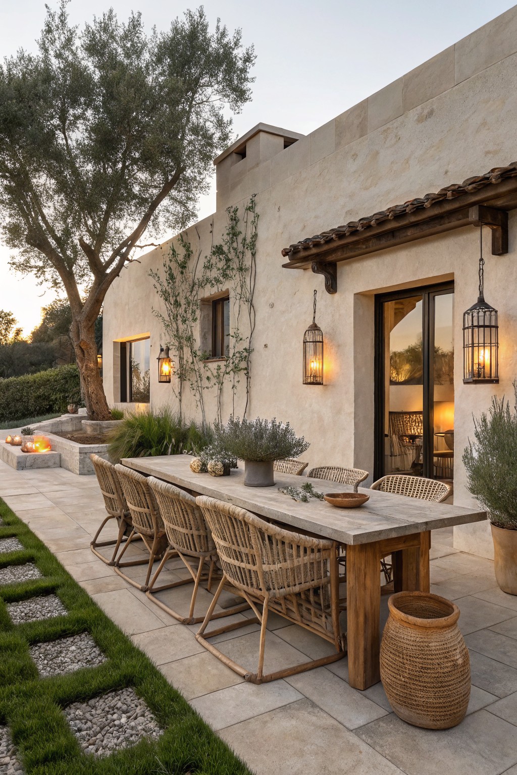 A wooden outdoor dining table with woven chairs on a stone patio, lit by hanging metal lanterns next to a stucco house wall.