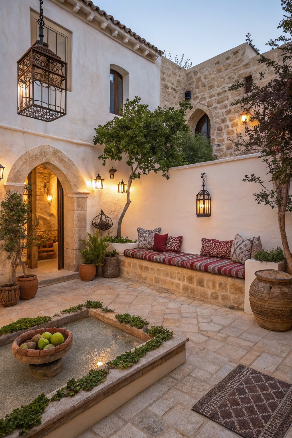 A dusk view of a stone courtyard patio showing a built-in bench with red striped cushions, multiple hanging and wall-mounted lanterns, potted plants, and a small foreground water feature.