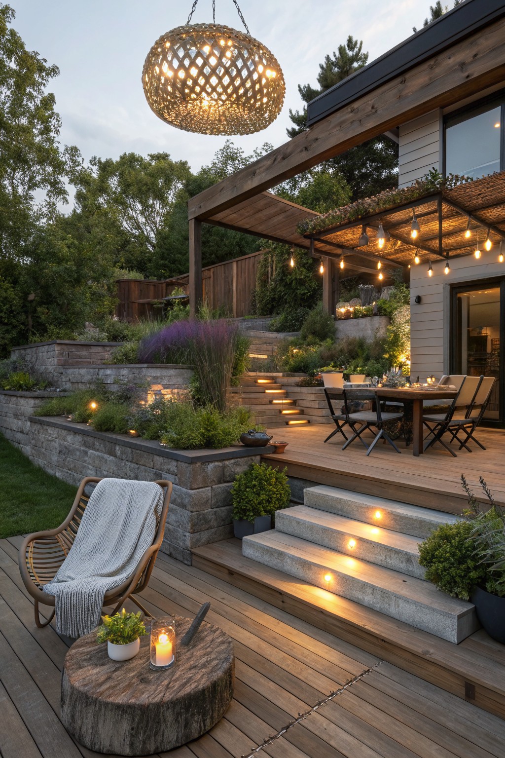 A wooden deck patio at dusk with a large woven hanging lantern overhead, string lights on a pergola, illuminated steps, a dining table, and a woven chair with a candle on a tree stump table.