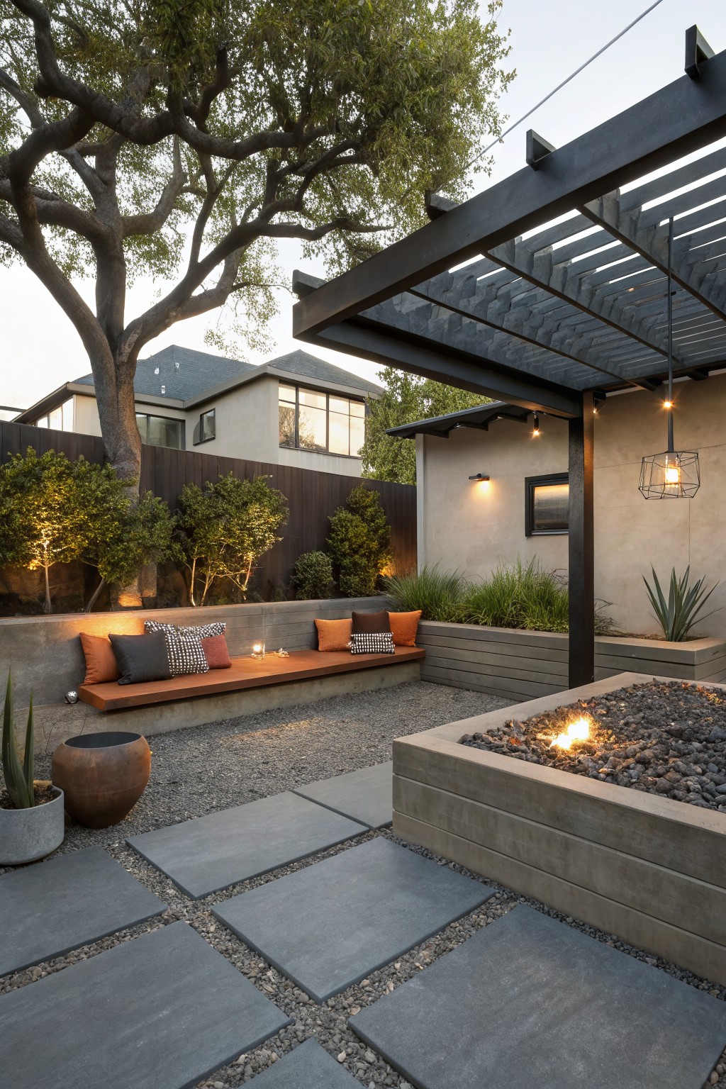 An outdoor patio with a built-in bench, gravel and stone pavers, a concrete fire pit, and a dark pergola with a hanging pendant light.