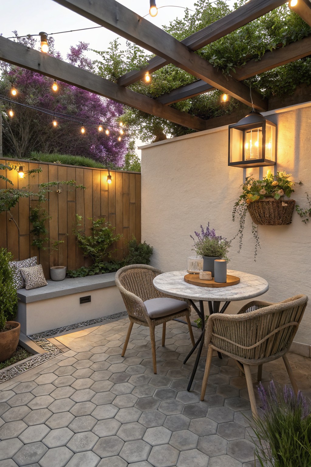 A patio under a wooden pergola with string lights overhead, a wall lantern, a round table, and two woven chairs on hexagonal pavers.
