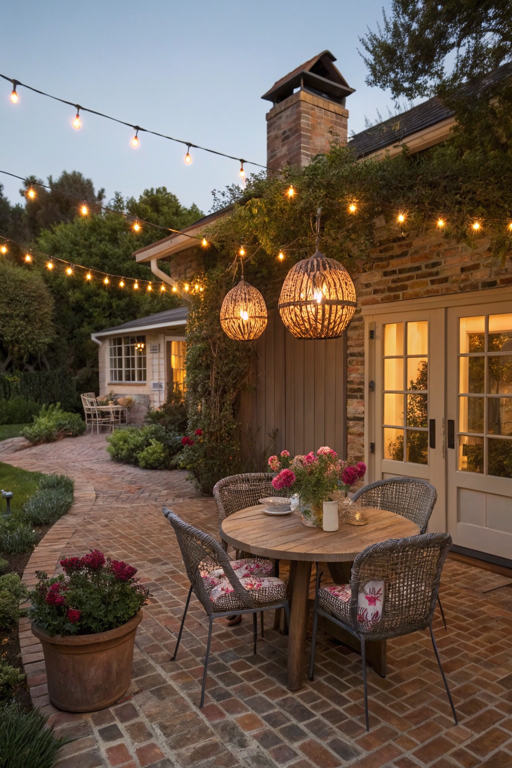 An outdoor brick patio with a round wooden dining table, four woven chairs, two large hanging lanterns, string lights, and a stone house with ivy.