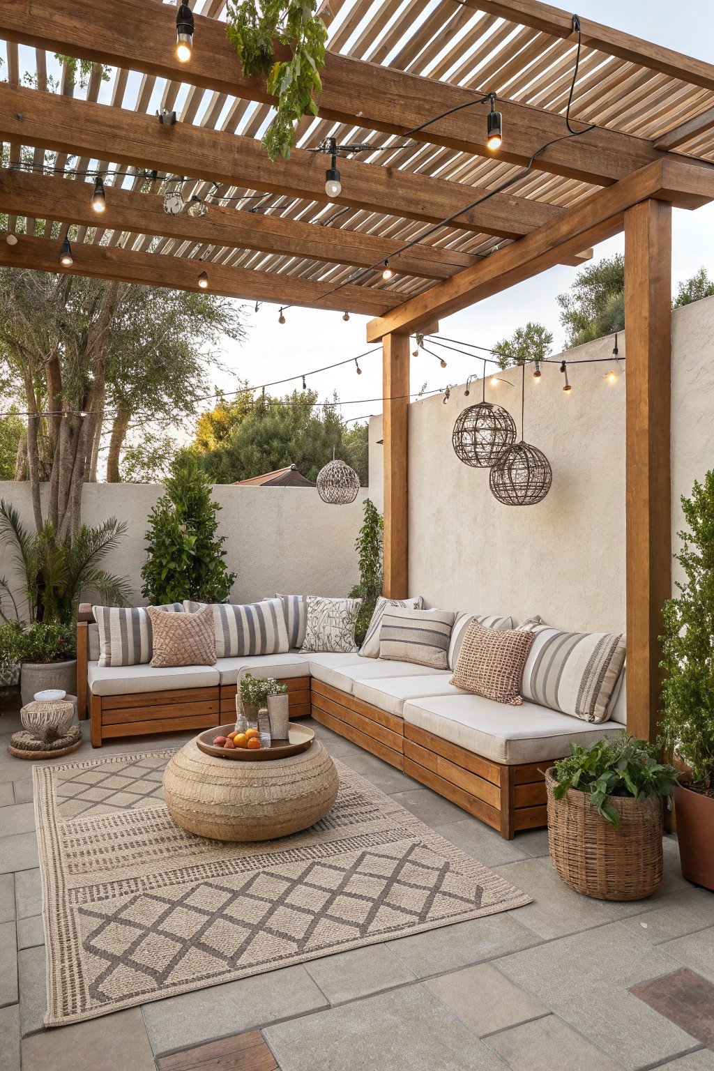 Cozy patio with wooden pergola, L-shaped sofa, woven rug, and string lights