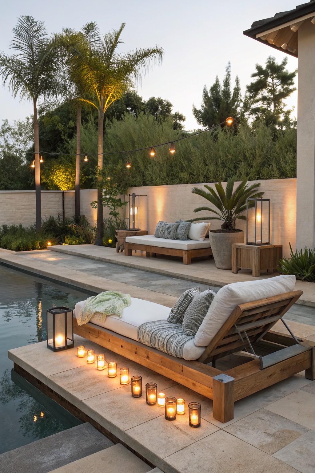 Poolside wooden lounge chairs with white cushions, glowing candles, lanterns, and string lights at dusk.