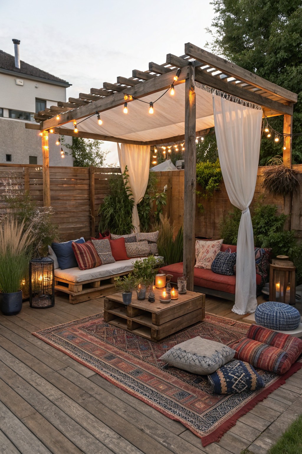 A wooden pergola with string lights, white curtains, pallet seating with cushions, a coffee table, and a large patterned rug on a deck.