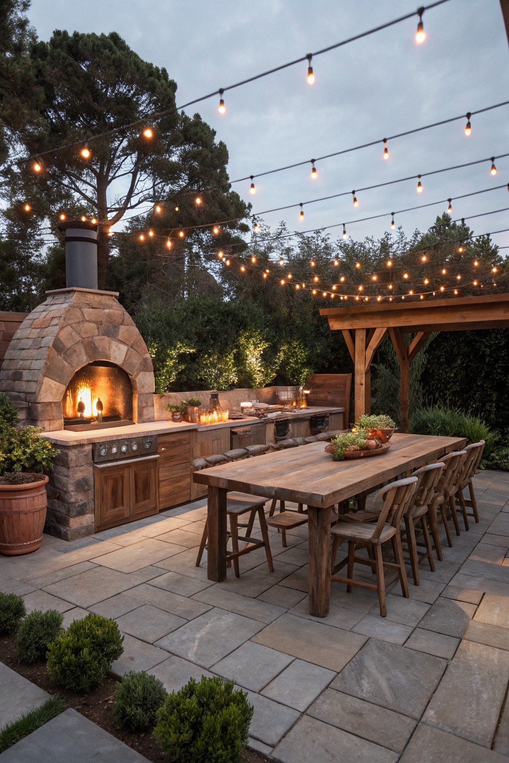 A stone outdoor kitchen with fireplace sits beside a long wooden dining table and chairs on a stone patio, with string lights overhead at dusk.