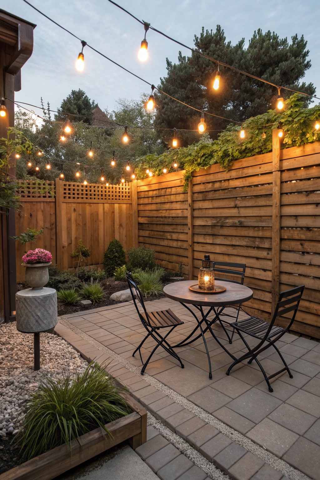 A brick patio with a round table, two black chairs, a lantern on the table, and string lights hung above between a wooden fence and nearby structure, with plants and gravel visible nearby.