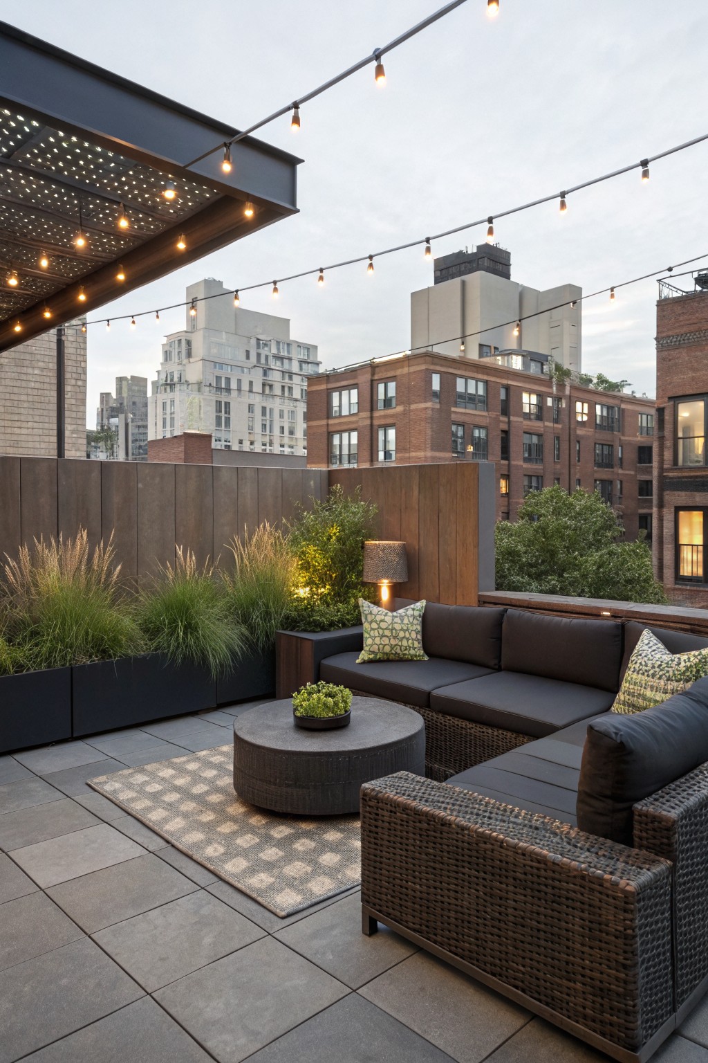Rooftop patio with dark sectional seating, a round coffee table, potted plants, and multiple strings of overhead lights against city buildings.