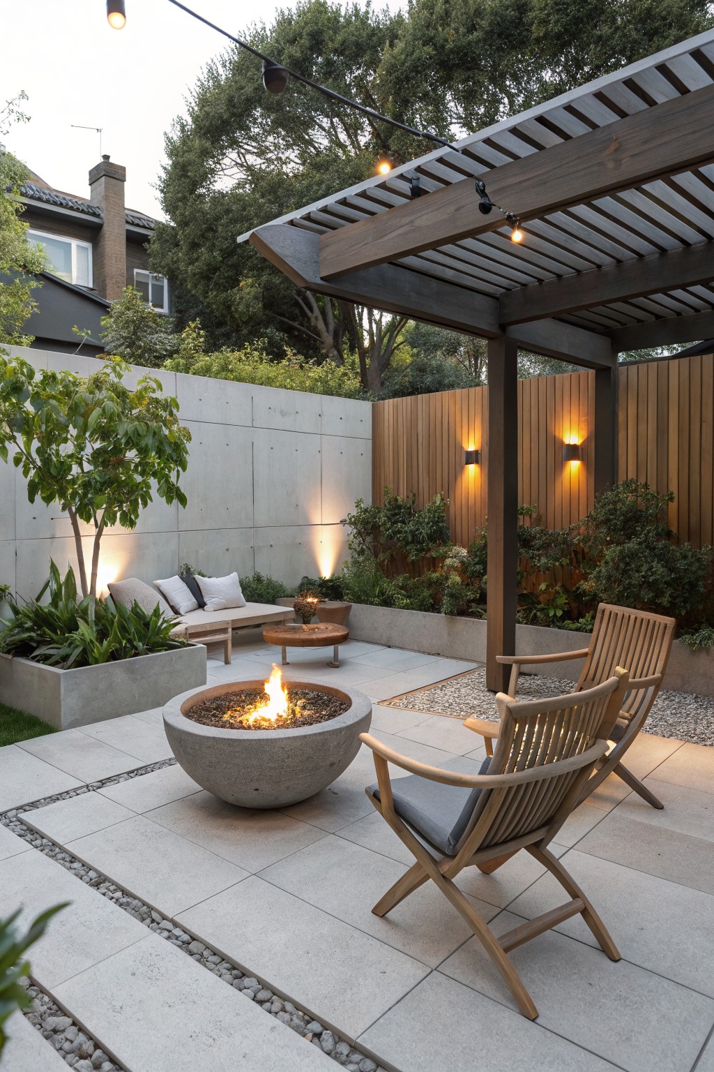 A small backyard patio features a round concrete fire pit with a lit fire, surrounded by wooden slatted chairs on large tiles, with a wooden pergola overhead and a built-in bench against a concrete wall in the background.