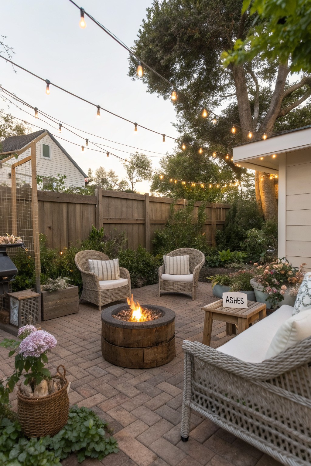 A small backyard patio with a round fire pit centered on brick pavers and surrounded by four wicker chairs under string lights.