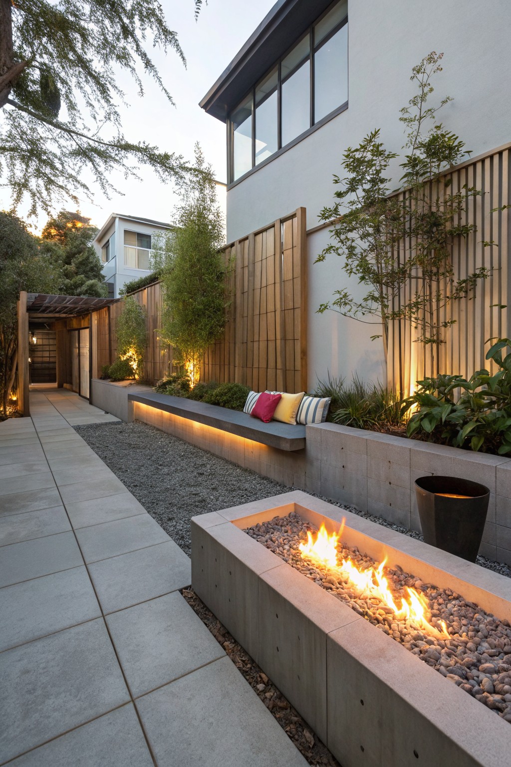 A concrete fire pit with active flames sits in a small backyard beside a long built-in bench with pillows and underlighting along a house wall.