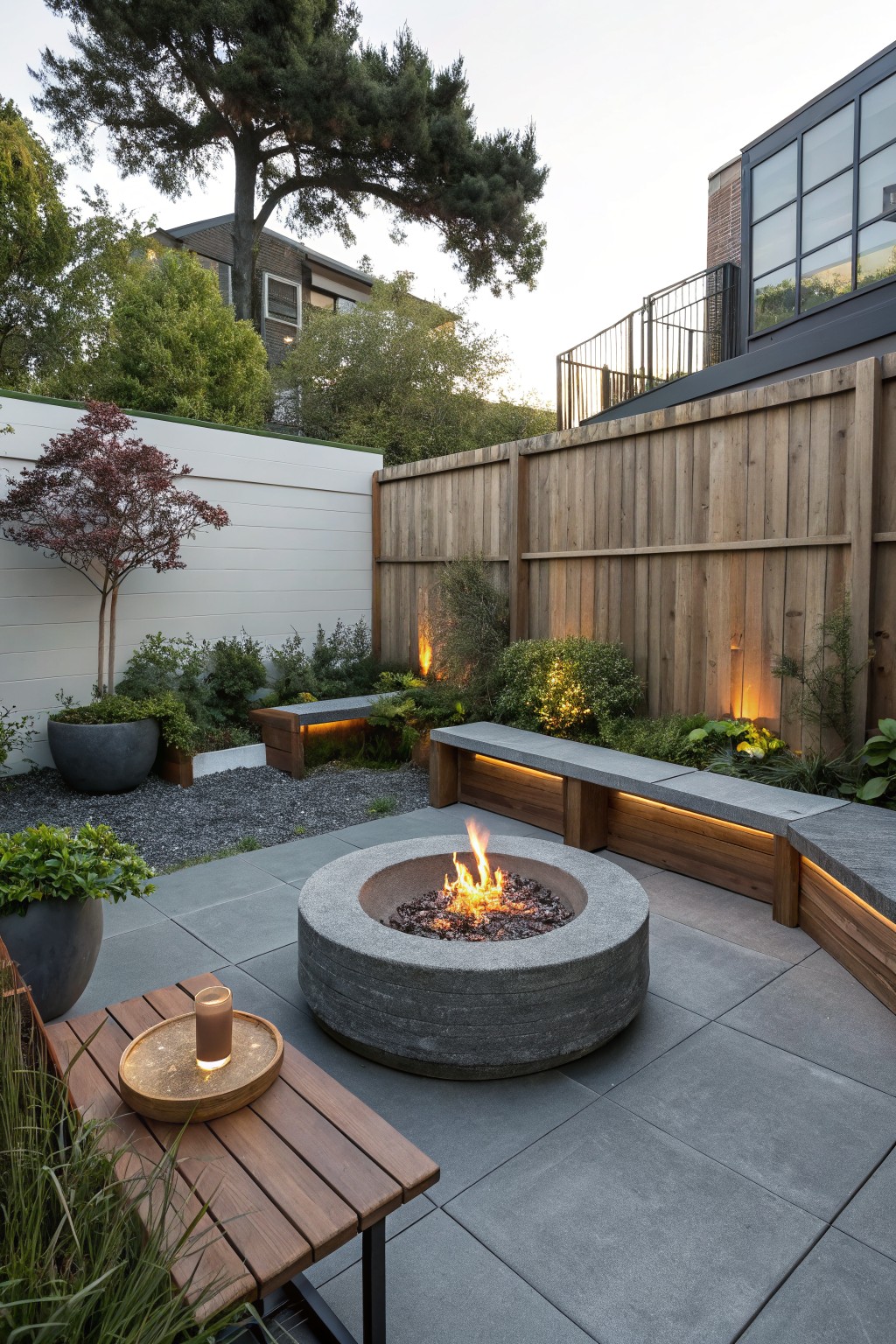 A round concrete fire pit on a paved patio with built-in wooden benches that have stone tops and lighting underneath the seating.