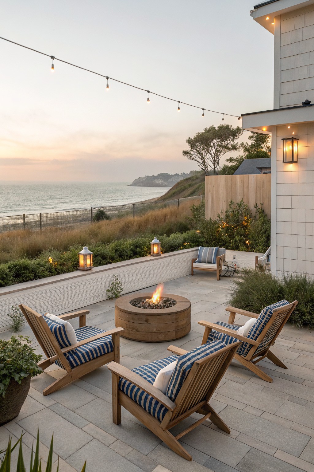 A stone patio with a round wooden fire pit at the center, surrounded by four wooden lounge chairs with blue and white striped cushions, string lights overhead, and an ocean view beyond.