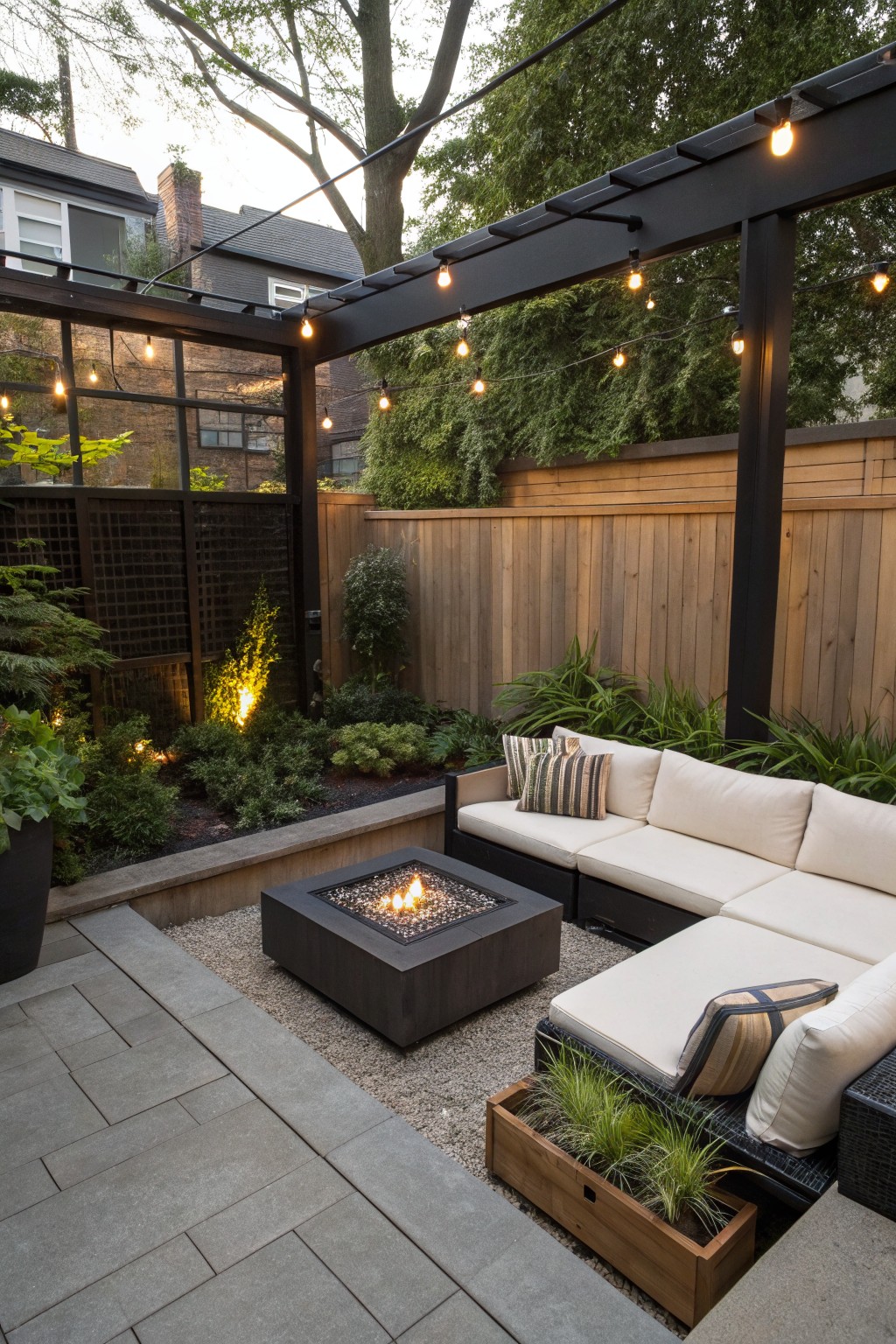 A backyard patio with a square fire pit on gravel, an L-shaped sectional sofa, a wooden planter box, and a dark pergola with string lights overhead.