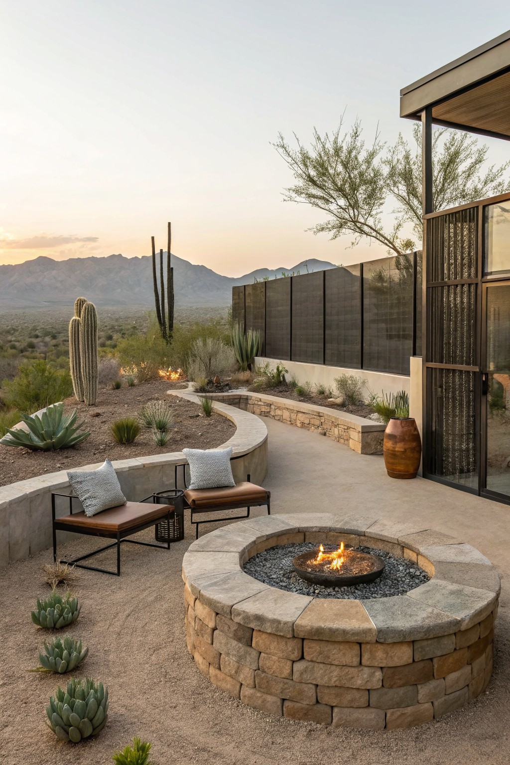 A circular stone fire pit with a lit fire on a concrete patio, flanked by two lounge chairs with pillows and desert plants in the background.