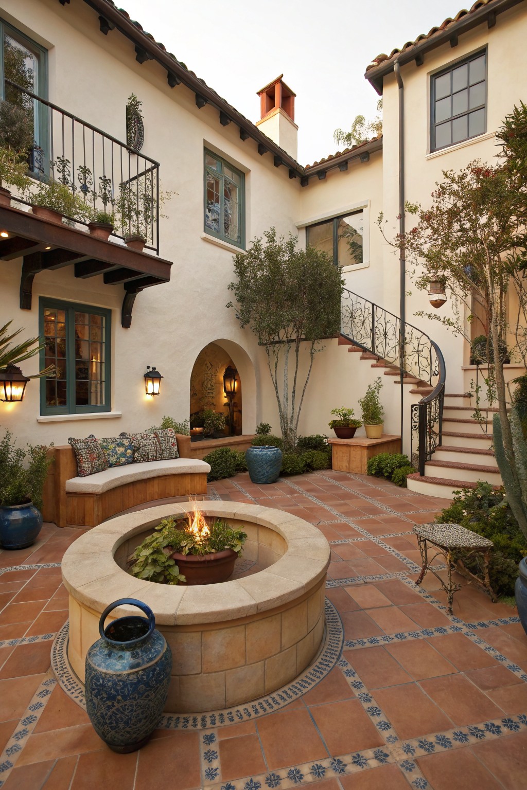 A circular stone fire pit with a lit fire and potted plant sits centered on a patterned tile courtyard next to a wooden bench and staircase.