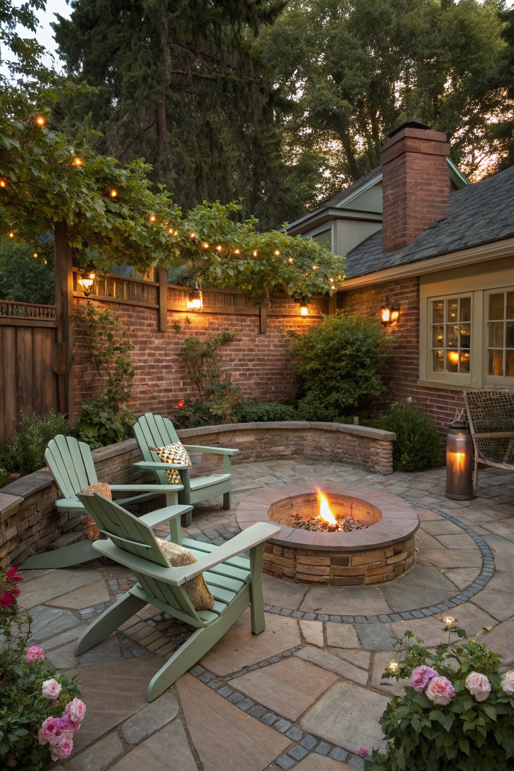A circular stone fire pit on a flagstone patio with light green wooden chairs arranged around it and string lights overhead.