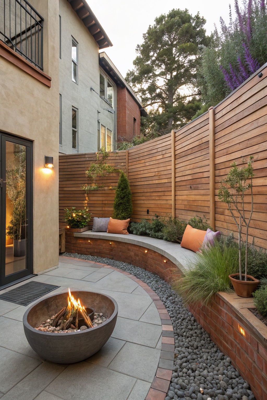 Modern patio with fire pit, curved bench, wooden fence, and string lights at dusk.